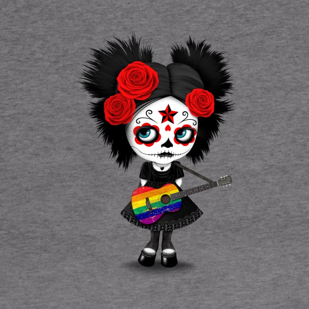 Sugar Skull Girl Playing Gay Pride Rainbow Flag Guitar by jeffbartels